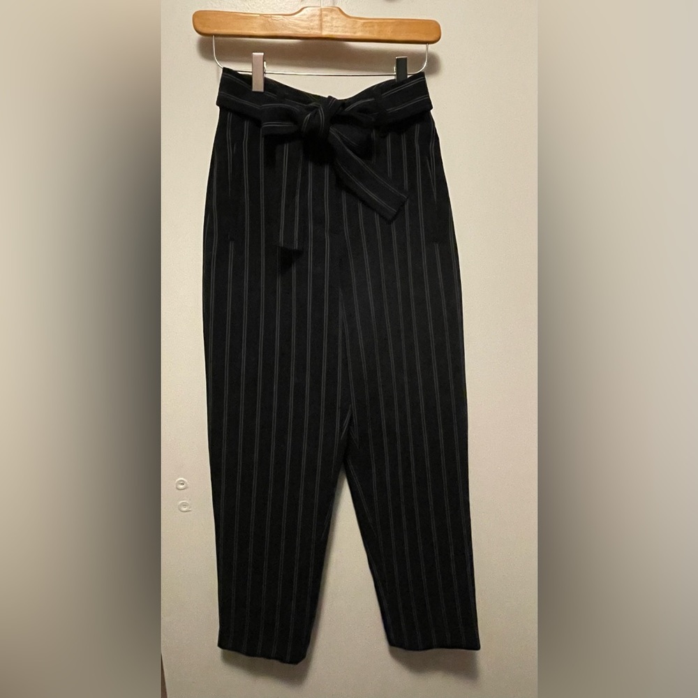 Wilfred Tie-Front Pant in dark navy (almost black) with pinstripes